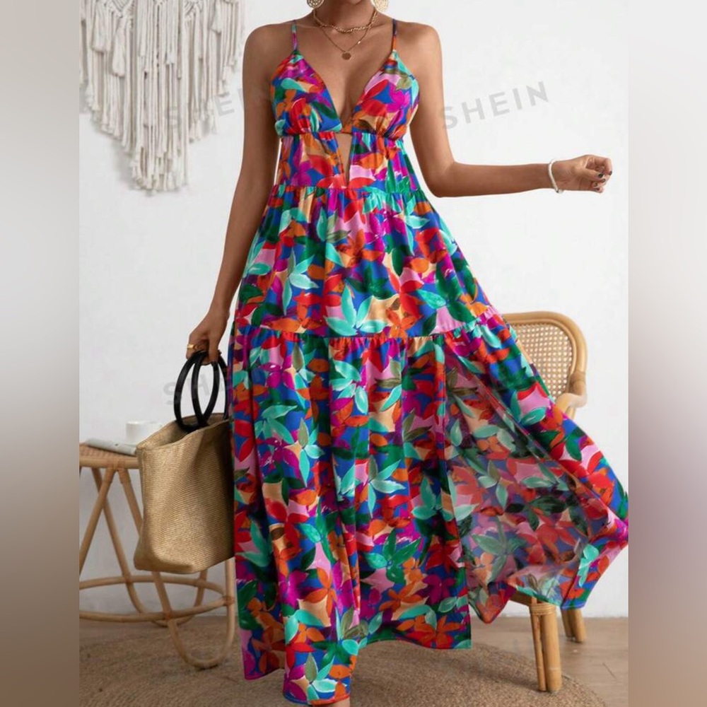 SHEIN Multicolor Tropical Print Maxi Dress - Green, Purple, Orange, Pink, Blue
